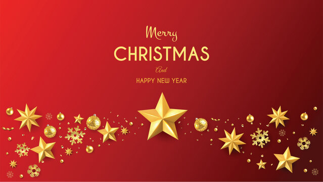 Red Christmas background with Golden Merry Christmas lettering and golden Christmas decorations
