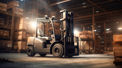 Fototapeta na wymiar Forklift in a warehouse. Lifting and moving loads.