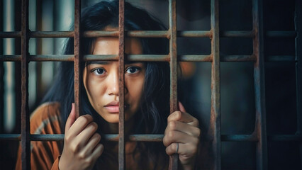Woman in prison. Close-up of a woman imprisoned behind bars. Prisoner in a cell.
