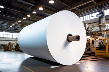 Large rolls of paper at a paper and cardboard production plant. Finished products. Rolls of paper for further processing. - obrazy, fototapety, plakaty