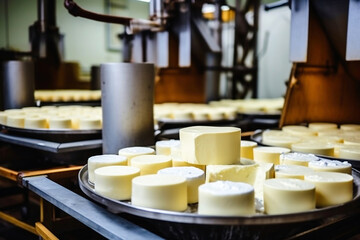 Photo of various types of cheese on a moving conveyor belt. Industrial cheese production plant. Modern technologies. Production of different types of cheese at the factory.