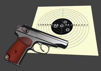 Used shooting target with traces of hit bullets and pistol image. 3d color vector hand drawn illustration