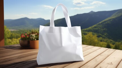 Blank white mockup reusable ECO shopping bag natural mountain view background, Plastic-free, zero-waste. Save the planet. Environmental conservation and recycling concepts. Template for design