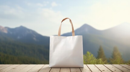 Blank white mockup reusable ECO shopping bag natural mountain view background, Plastic-free, zero-waste. Save the planet. Environmental conservation and recycling concepts. Template for design