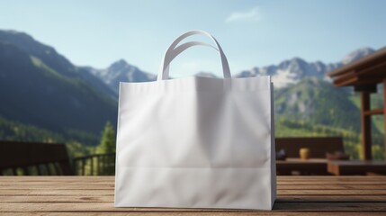 Blank white mockup reusable ECO shopping bag natural mountain view background, Plastic-free, zero-waste. Save the planet. Environmental conservation and recycling concepts. Template for design - obrazy, fototapety, plakaty