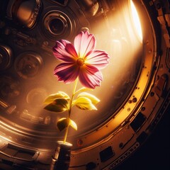A breathtaking scene of a flower delicately growing within the confined yet illuminated space of a space shuttle. The flower, with its vibrant petals in shades of pink and yellow