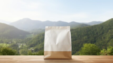 Blank white mockup reusable ECO shopping bag natural mountain view background, Plastic-free, zero-waste. Save the planet. Environmental conservation and recycling concepts. Template for design