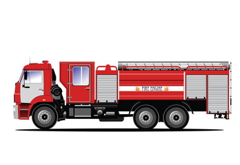 Fire engine and fireman isolated on background. Hand drawn Vector illustration