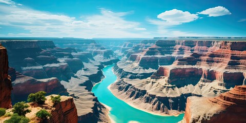 Sunny day at Grand Canyon with clear turquoise Colorado River - obrazy, fototapety, plakaty