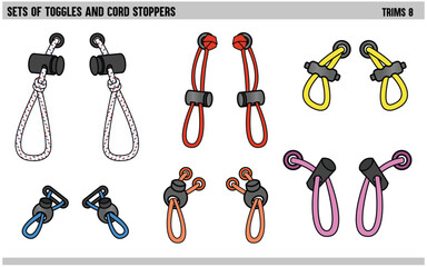 SET OF CORDS WITH TOGGLE STOPPERS FOR WAIST BAND, BAGS, SHOES, JACKETS, SHORTS, PANTS, DRESS GARMENTS, DRAWCORD AGLETS FOR CLOTHING AND ACCESSORIES VECTOR ILLUSTRATION