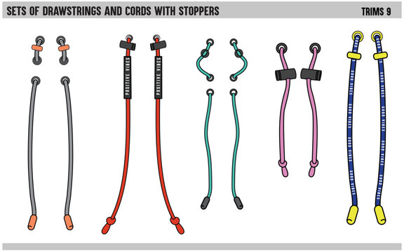 SET OF DRAWSTRINGS AND CORDS WITH STOPPERS FOR WAIST BAND, BAGS, SHOES, JACKETS, SHORTS, PANTS, DRESS GARMENTS, DRAWCORD AGLETS FOR CLOTHING AND ACCESSORIES VECTOR ILLUSTRATION