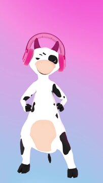 cheerful cow listening to music with headphones, pink mood, fantasy, 3D render