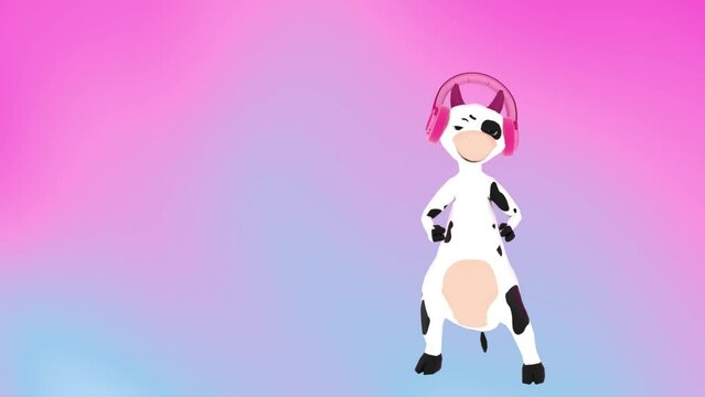 cheerful cow listening to music with headphones, pink mood, fantasy, 3D render