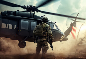 Military personnel in uniform and armor during battles with helicopters in the sky in the background Generative Ai
