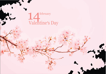 Valentine`s Day  Greeting Card with sakura brunch. Vector 3d hand drawn illustration