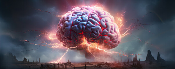 Human brain expolde illustrative style, fantasy idea concept. - obrazy, fototapety, plakaty