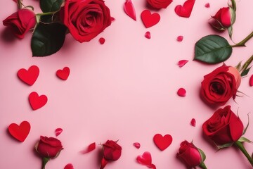 Valentine's day background with roses and hearts on pink background