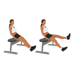 Woman doing seated bench extended flutter kicks exercise. Flat vector illustration isolated on white background