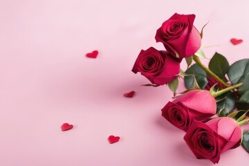 Valentine's day background with gift boxes, roses and hearts on pink background