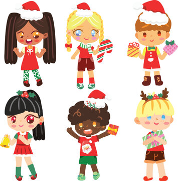 Kids Christmas day selebration cartoon for school set cute