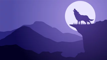 Fotobehang Wildlife wolf landscape vector illustration. Scenery of wolf howling silhouette in the cliff. Wolf wildlife landscape for illustration, background or wallpaper © Moleng