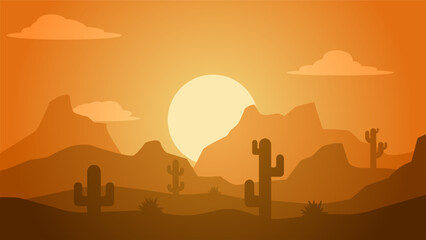 Desert landscape vector illustration. Scenery of rock desert with cactus and butte stone. Wild west desert landscape for illustration, background or wallpaper - obrazy, fototapety, plakaty