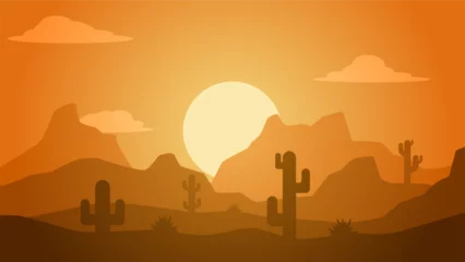 Foto op Canvas Desert landscape vector illustration. Scenery of rock desert with cactus and butte stone. Wild west desert landscape for illustration, background or wallpaper © Moleng