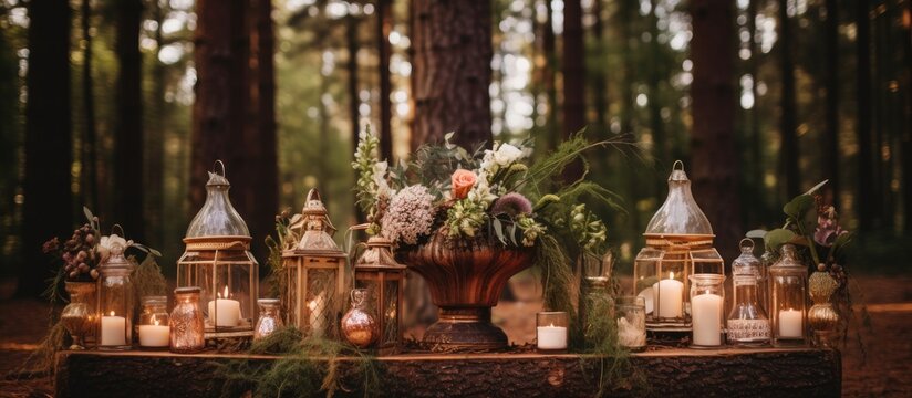 Boho rustic decor with candles, flasks, and flowers, in a pine forest wedding venue.