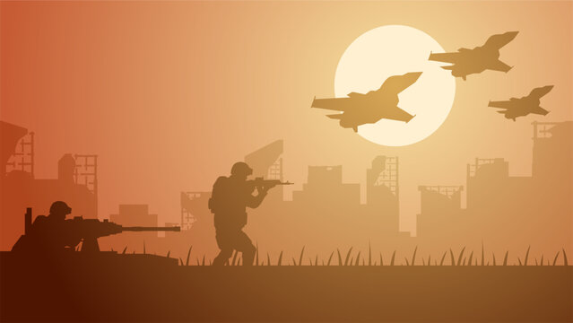 Destroyed city landscape vector illustration. Illustration of soldier mounted gun and fighter jet at war conflict. Battlefield landscape for illustration, background or wallpaper