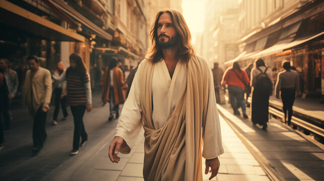 Jesus walking the streets of a modern city