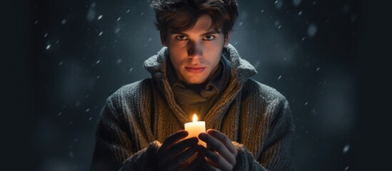 Young man warms hands on candle during winter blackout. - obrazy, fototapety, plakaty