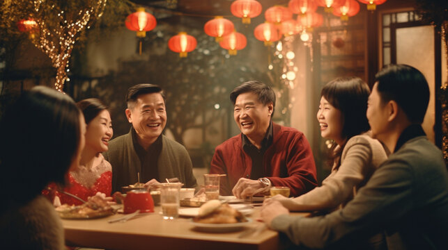 family having traditional dishes for chinese new year