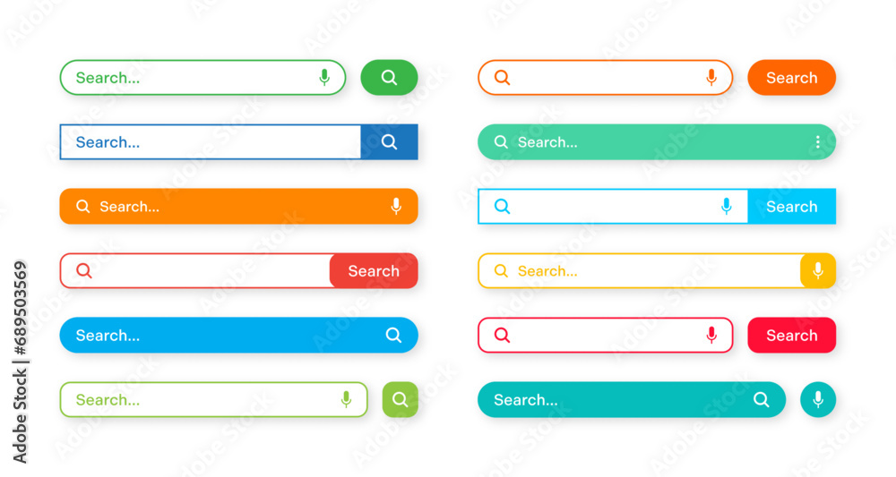 Poster Colorful search bar templates. Internet browser engine with search box, address bar and text field. UI design, website interface element with web icons and push button. Vector illustration