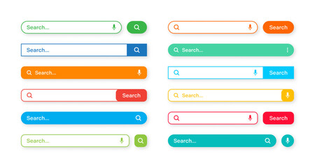 Colorful search bar templates. Internet browser engine with search box, address bar and text field. UI design, website interface element with web icons and push button. Vector illustration