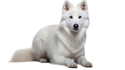 A white dog lying down, isolated on transparent or white background, png