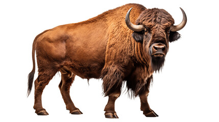 A buffalo with horns standing , isolated on transparent or white background, png