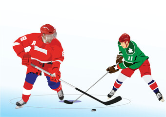 Hockey players. 3d vector color hand drawn illustration