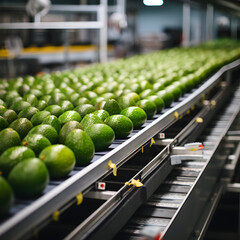 Avocados moving on a conveyor belt at an avocado farm facility 