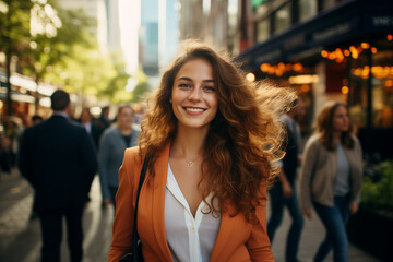 portrait of a charming young woman in orange suit in the city street