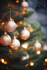 Obraz na płótnie Canvas closeup photo of a Christmas pine tree with sparkly Christmas baubles, Christmas lights