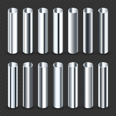 Steel pipes collection. Construction material, pipeline. Industry and engineering. Polished metal texture with silver gradient. Vector illustration