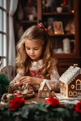 a photo of a girl making a gingerbread house, sitting at a table with Christmas decor, Christmas rose, cozy vibes