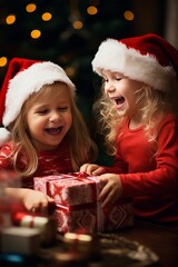 Fototapeta na wymiar Photo of 2 small kids unwrapping their Christmas gift, happy and giggly, Christmas colors