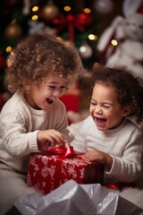 Fototapeta na wymiar a photo of 2 small kids unwrapping their Christmas gift, happy and giggly, Christmas colors
