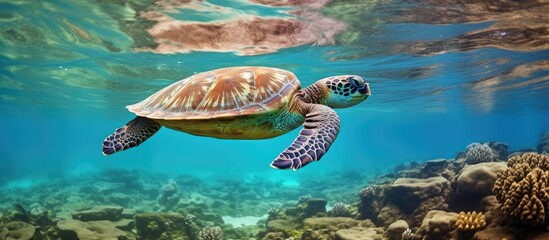 Hawaiian sea turtle swimming in warm Pacific waters in Hawaii. - obrazy, fototapety, plakaty