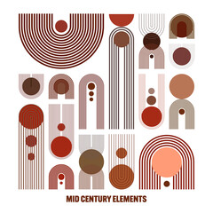 Mid century arch and circle elements, modern geometric shapes. Contemporary design, minimalist art. Trendy design elements for wall decor, posters, books, covers and flyers. Vector illustration