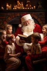 Father Christmas reading from a big book, surrounded by children, Christmas decor