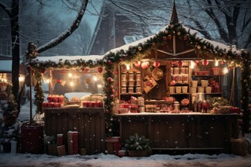 a photo of Christmas stall selling baubles, on a Christmas market, snowy day