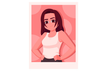 Cute Woman in Polaroid Photo Character Design Illustration