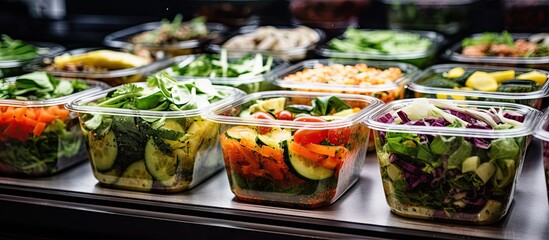 Ready-to-eat vegetable salads in plastic boxes sold in a fridge.